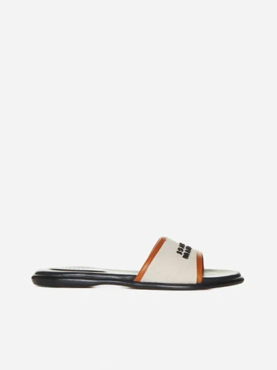 Shop Isabel Marant Vikee Canvas And Leather Slides In Ecru,cognac