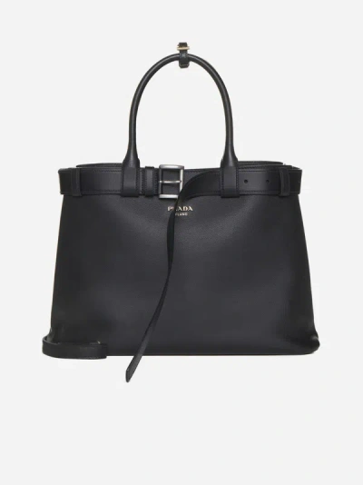 Shop Prada Buckle Leather Large Tote Bag In Black