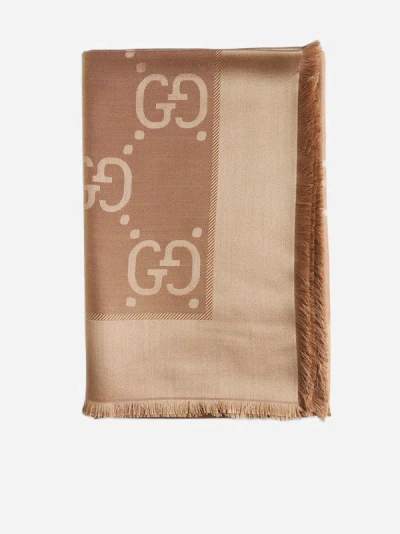 Shop Gucci Jumbo Gg Wool And Silk Scarf In Camel