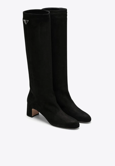 Shop Prada 55 Knee-high Suede Boots In Black