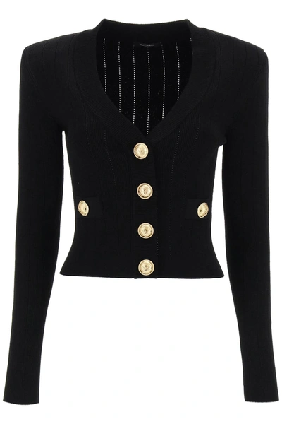 Shop Balmain Cardigan With Padded Shoulders And Embossed Buttons Women In Black