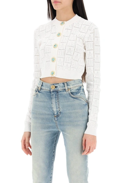 Shop Balmain Cropped Cardigan With Jewel Buttons Women In White