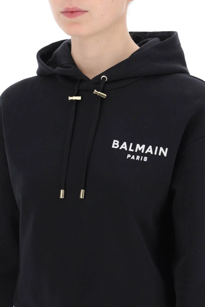 Shop Balmain Cropped Hoodie With Flocked Logo Women In Black