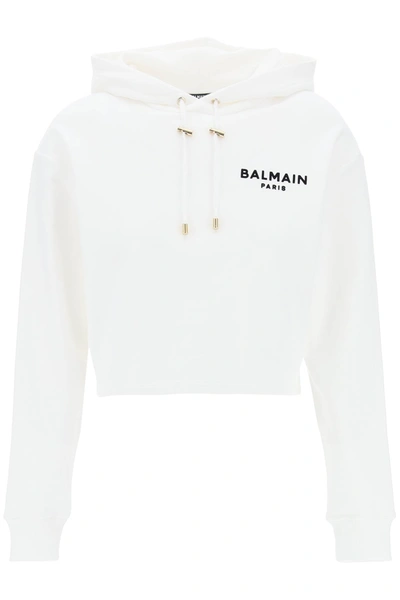 Shop Balmain Cropped Hoodie With Flocked Logo Women In White