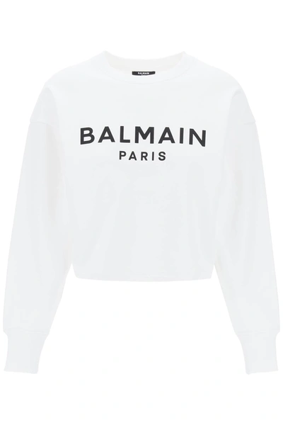 Shop Balmain Cropped Sweatshirt With Flocked Logo Women In White