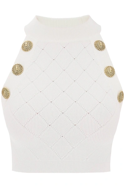 Shop Balmain Knitted Cropped Top With Embossed Buttons Women In White