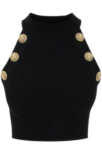 Shop Balmain Knitted Cropped Top With Embossed Buttons Women In Black