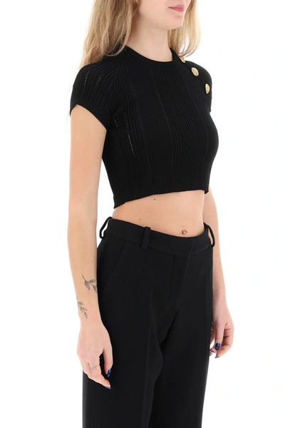 Shop Balmain Knitted Cropped Top With Embossed Buttons Women In Black