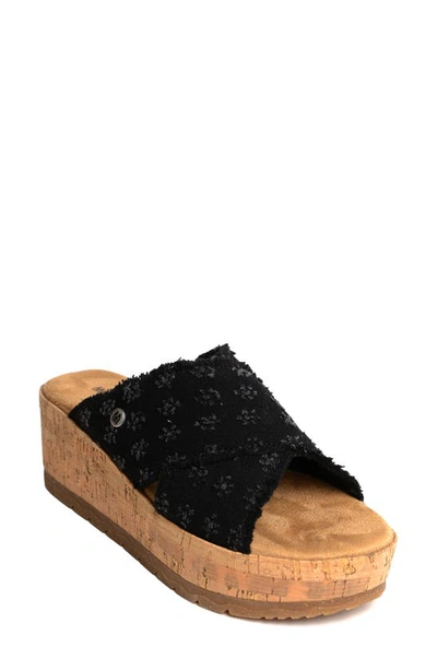 Shop Minnetonka Posey Platform Wedge Slide Sandal In Black Distressed Denim