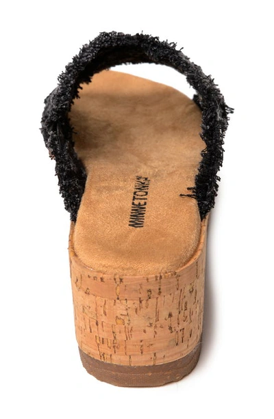 Minnetonka Posey Platform Wedge Slide Sandal In Black Distressed Denim
