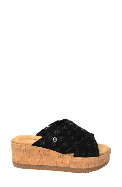 Minnetonka Posey Platform Wedge Slide Sandal In Black Distressed Denim