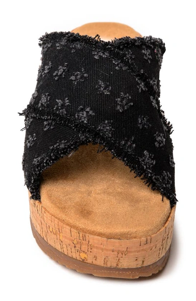 Minnetonka Posey Platform Wedge Slide Sandal In Black Distressed Denim