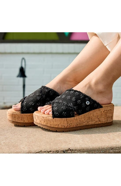 Minnetonka Posey Platform Wedge Slide Sandal In Black Distressed Denim
