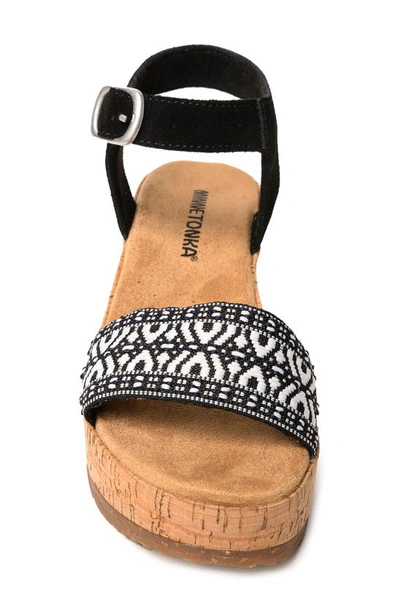 Minnetonka Patrice Ankle Strap Platform Wedge Sandal In Black-white Multi