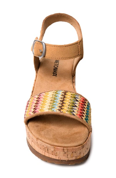 Minnetonka Patrice Ankle Strap Platform Wedge Sandal In Tan Multi