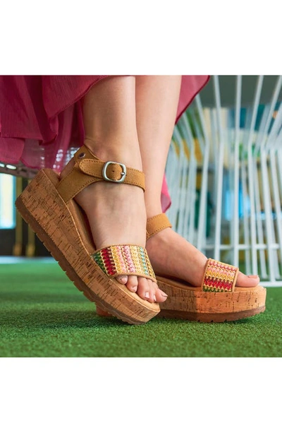 Minnetonka Patrice Ankle Strap Platform Wedge Sandal In Tan Multi