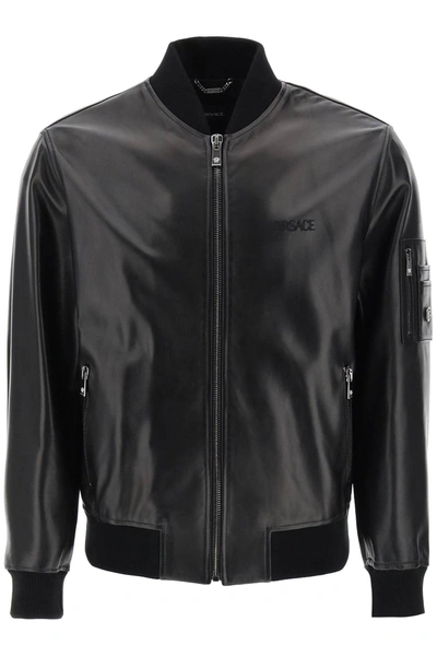 Shop Versace Leather Bomber Jacket Men In Black