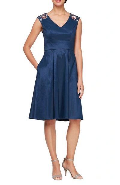 Shop Alex Evenings Floral Sequin Shoulder A-line Dress In Navy