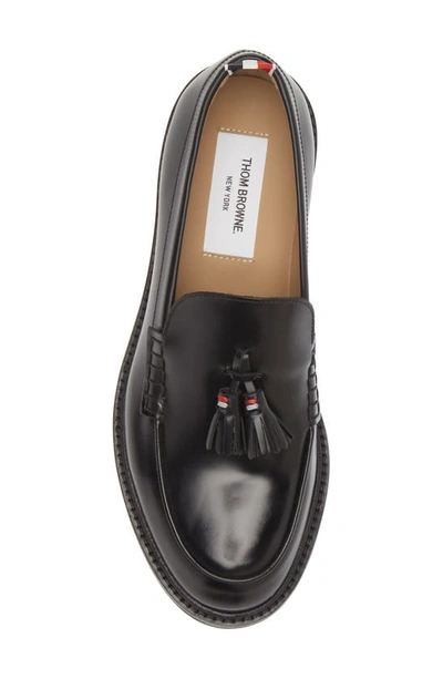 Thom Browne Navy Spazzolato Leather Tassle Loafers In Black
