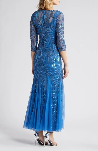 Shop Pisarro Nights Beaded Illusion Neck Gown In Blue
