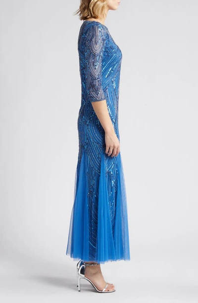 Shop Pisarro Nights Beaded Illusion Neck Gown In Blue