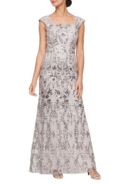 Shop Alex Evenings Embroidered Sequin Sleeveless Gown In Taupe