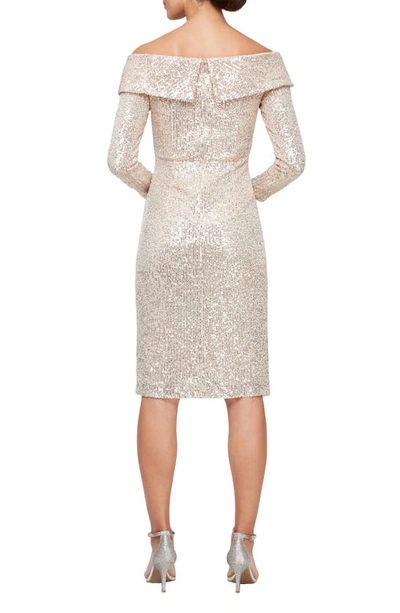 Shop Alex Evenings Sequin Off The Shoulder Long Sleeve Sheath Dress In Taupe