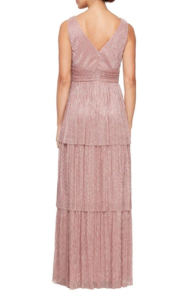 Shop Alex & Eve Metallic Sleeveless Tiered Gown In Rose Gold