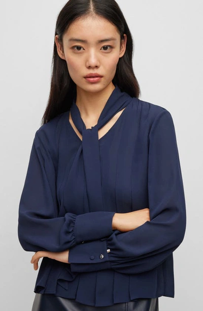 Hugo Boss Bijulia Tie Neck Blouse In Sky Captain