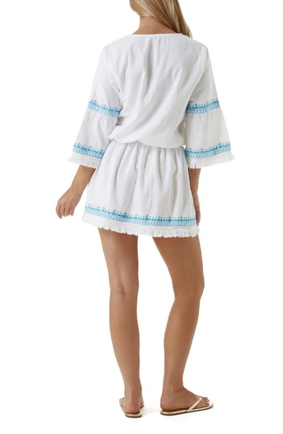 Shop Melissa Odabash Martina Embroidered Lace-up Linen & Cotton Cover-up Dress In White/ Aqua