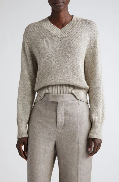 Shop Brunello Cucinelli Metallic V-neck Sweater In Grey/ Brown