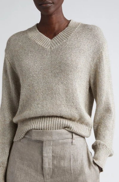 Shop Brunello Cucinelli Metallic V-neck Sweater In Grey/ Brown