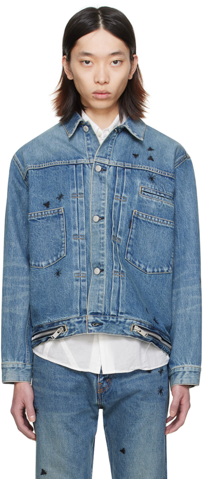 Undercover Bee-embroidered Denim Jacket In Light Blue Indigo