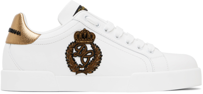 Dolce & Gabbana Iconic Leather Sneakers With Embroidered Crest And Luxurious Detailing In 8i047