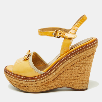 Pre-owned Prada Yellow Patent Leather Bow Espadrille Wedge Platform Ankle Strap Sandals Size 35.5