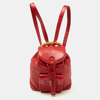 Pre-owned Gucci Red Leather Mini Vintage Bamboo Handle Backpack