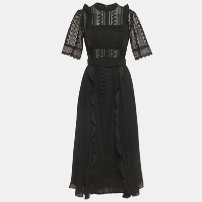 Pre-owned Self-portrait Black Geometric Pattern Lace Pleated Midi Dress S