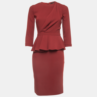 Pre-owned Gucci Red Wool Pleated Peplum Midi Dress S