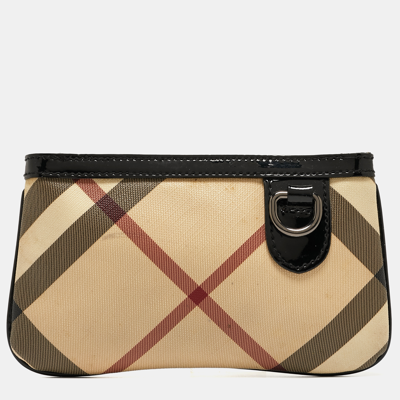 Pre-owned Burberry Beige/black Nova Check Coated Canvas And Patent Leather Zip Wristlet Clutch