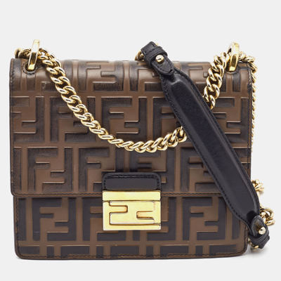Pre-owned Fendi Black/brown Zucca Embossed Leather Small Kan U Shoulder Bag