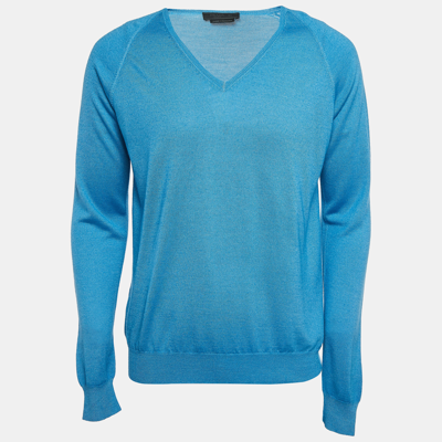 Pre-owned Prada Blue Knit V-neck Sweater Xxl