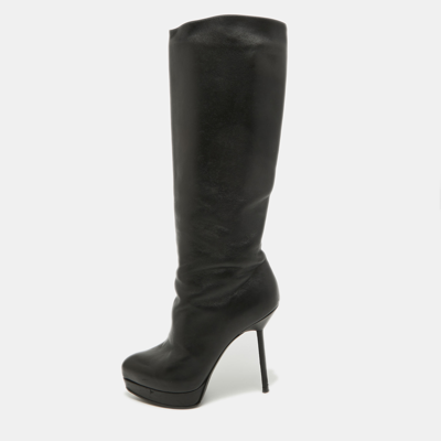 Pre-owned Saint Laurent Black Leather Platform Knee Length Boots Size 36