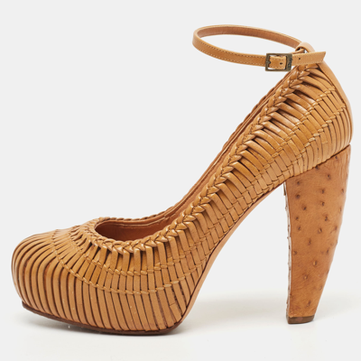 Pre-owned Dior Brown Woven Leather And Ostrich Basketweave Platform Ankle Strap Pumps Size 36