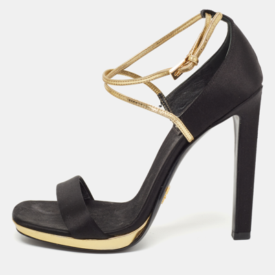 Pre-owned Prada Black/gold Satin And Leather Criss Cross Ankle Strap Sandals Size 37