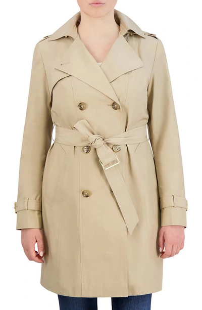 Shop Cole Haan Hooded Double-breasted Trench Coat In Khaki