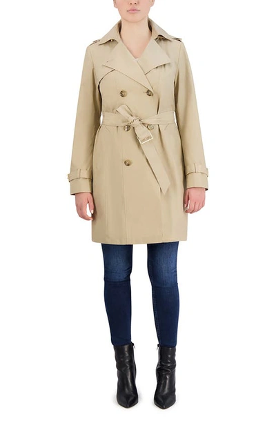 Shop Cole Haan Hooded Double-breasted Trench Coat In Khaki