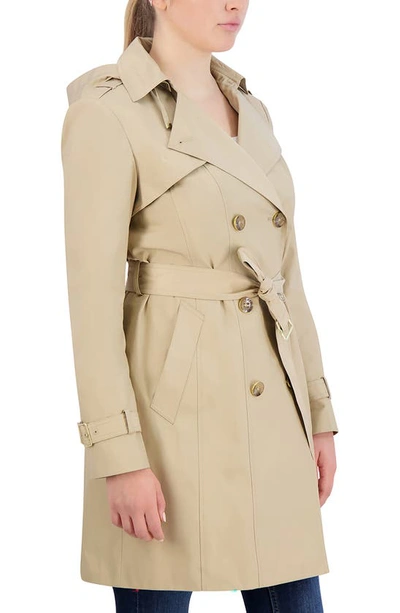 Shop Cole Haan Hooded Double-breasted Trench Coat In Khaki