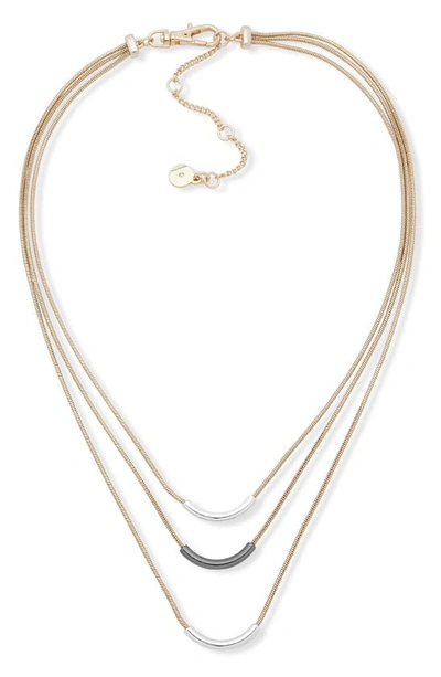 Shop Dkny Tri-tone Curved Bar Frontal Necklace In Gold/ Silver/ Hematite
