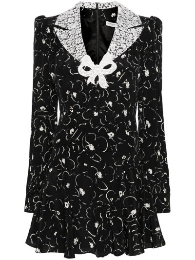 Shop Alessandra Rich Black Lace Detailed Floral-print Dress