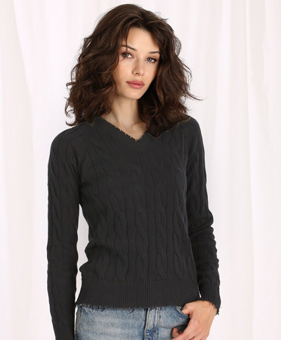 Shop Minnie Rose Cotton Cable Long Sleeve V-neck With Frayed Edges In Black